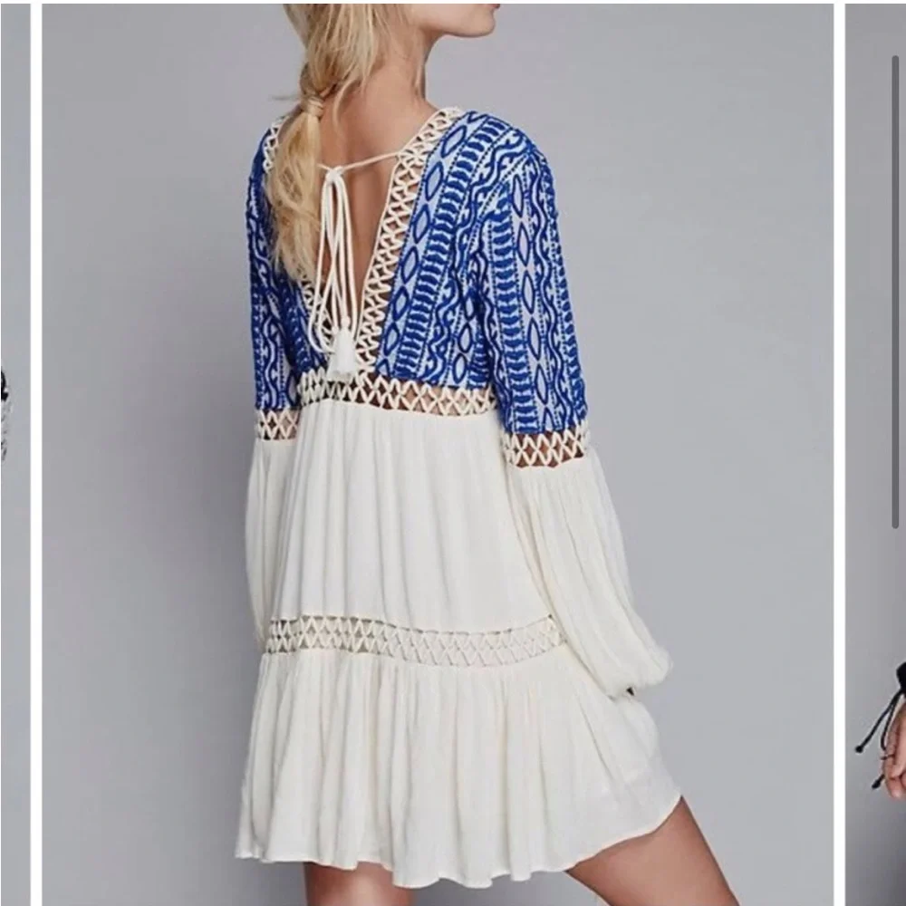 Free People 6 DuskTil Dawn Mini Dress V Neck Boho Open Crochet Embroidered - Picture 2 of 9